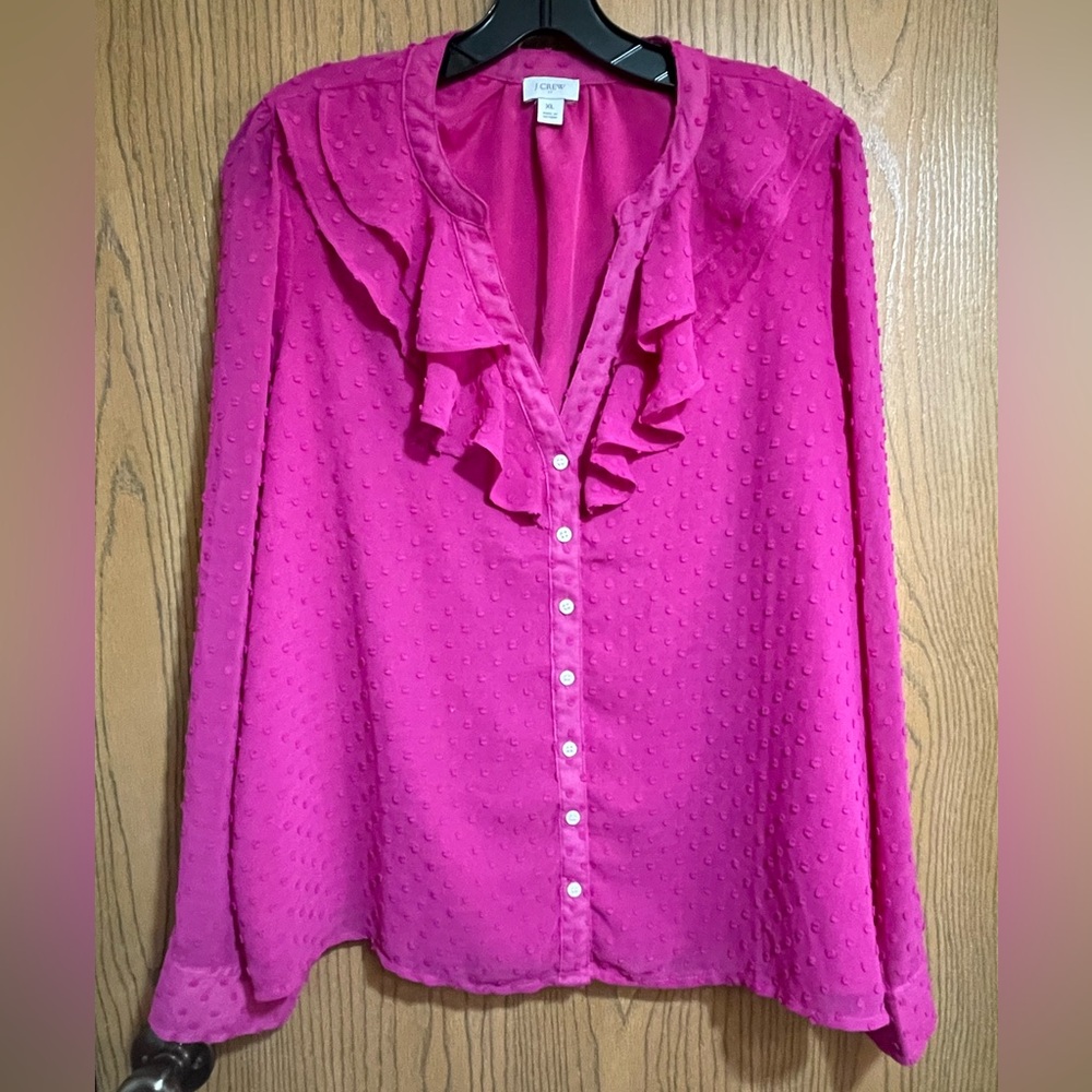 J. Crew Pink Ruffle Blouse with V Neck and Swiss Dots